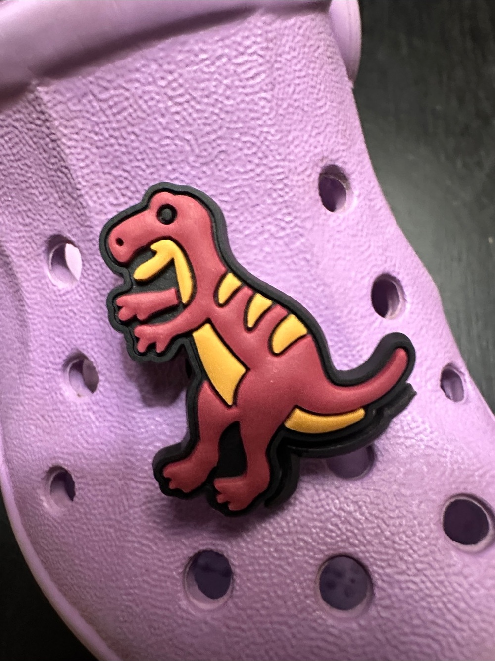 Jibbitz Purple Clog Charm with Red & Yellow Dinosaur